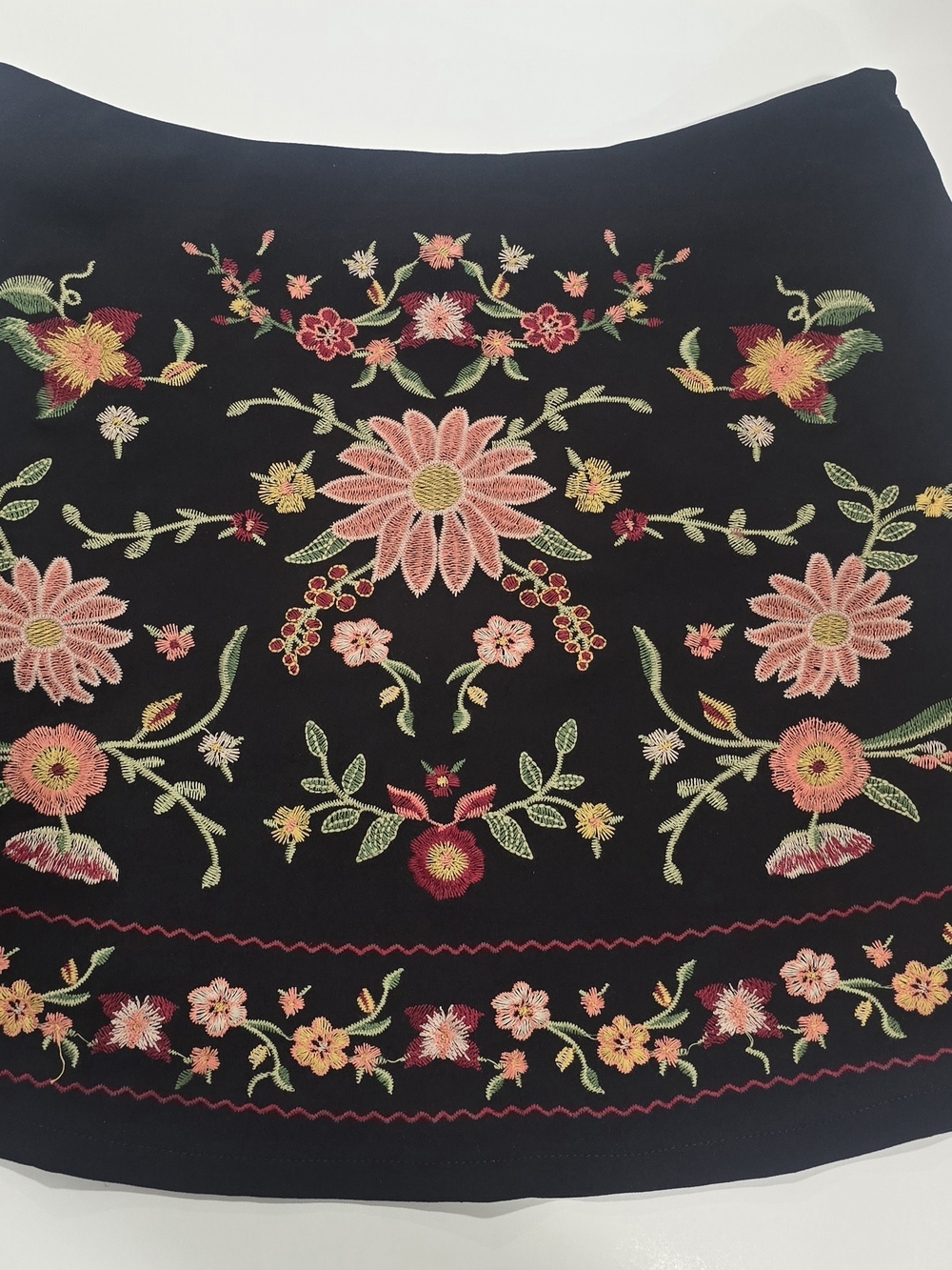 Blu Pepper Black Mini Skirt with Pink, Yellow & Green Floral Embroidery